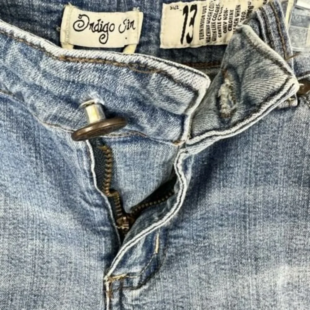 Jean Shorts Indigo Rein Cuffed Denim Blue Whiskered Stretch Size 13 Distressed - Picture 4 of 8